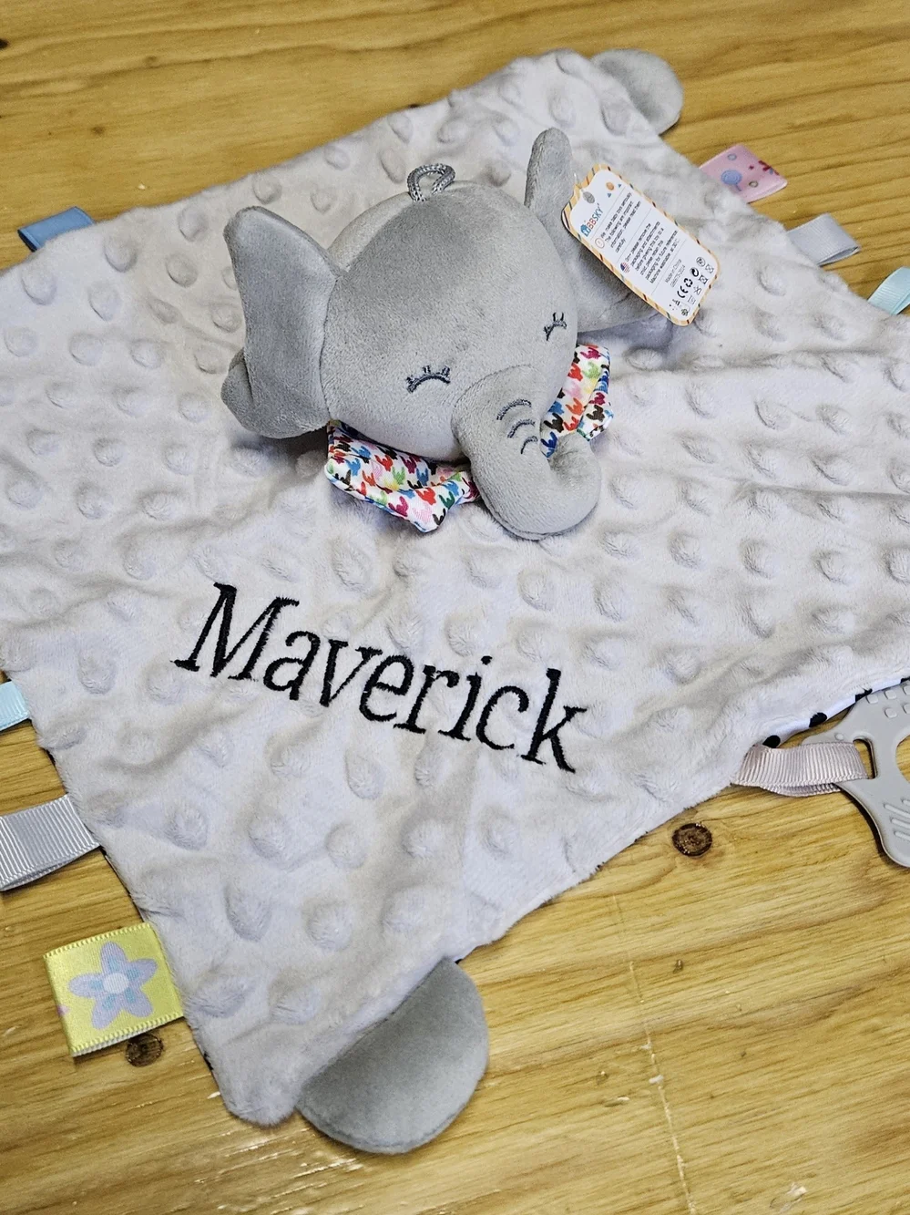 Personalized Light Gray Elephant Taggie Bib Blanket for Babies Made To Order